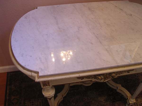 White Carrara tabletop after restoration. Atherton, California