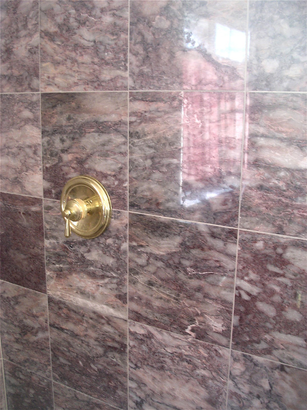 Shower marble wall with etching removed. Los Gatos